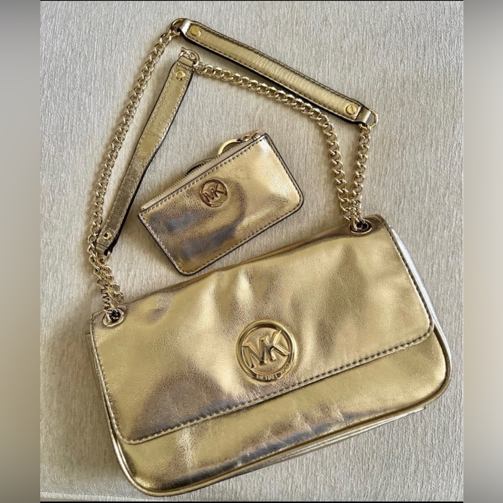 Michael Kors gold chain bag & mini wallet SET EUC